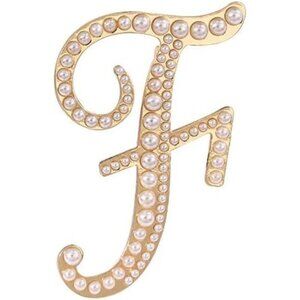 Gold Simulated Pearl Initial Letter F Alphabet Brooches Pin Women